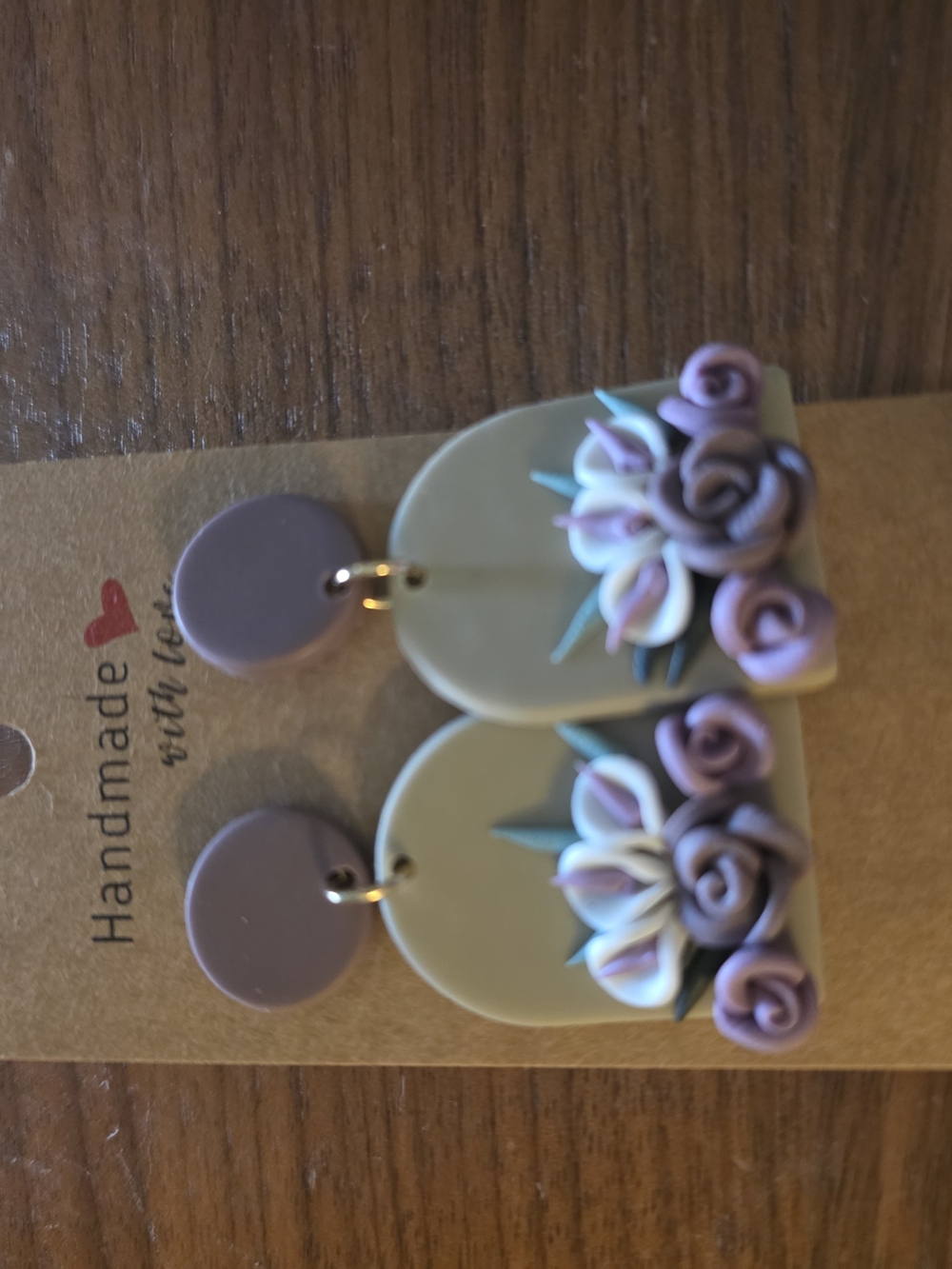 Handmade Lavender Floral Polymer Clay Earrings - Olive Green & Purple
